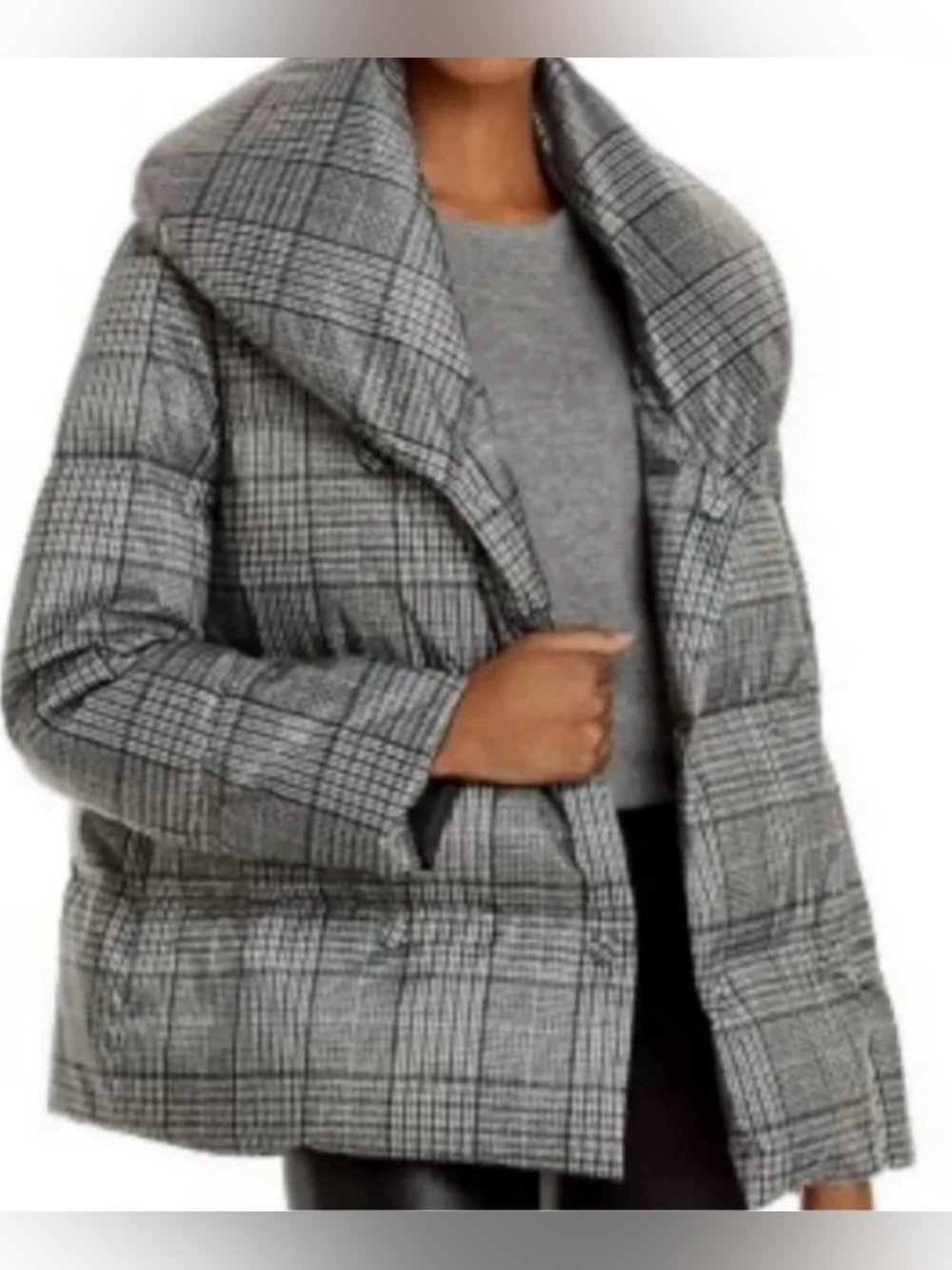 Jason Wu Houndstooth Check Plaid Big Collar Double Breasted Puffer Coat Jacket